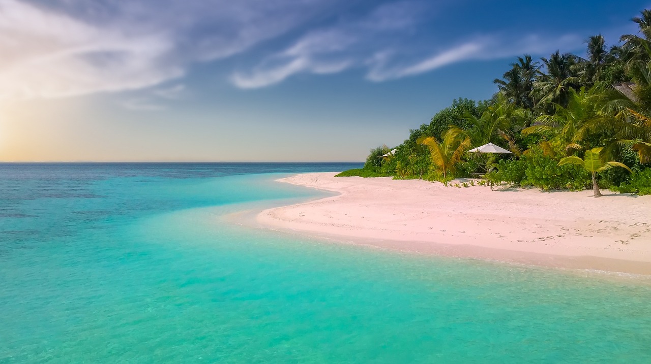 beach, paradise, island, nature, palm trees, ocean, romantic, sunset, seascape, sea, summer, bathing, holiday, sandy beach, vacations